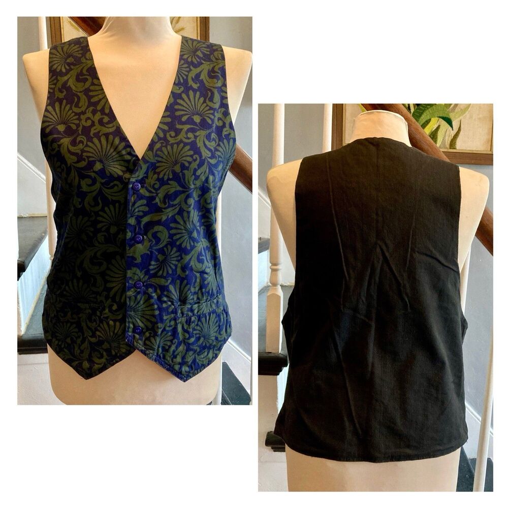 1980s 1990s Cotton Floral Filigree Print Waistcoat Vest Hippie Victorian Style